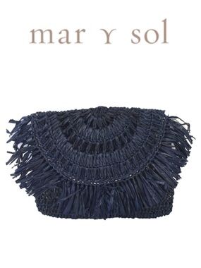 NWT Navy Woven Raffia Fringe Clutch